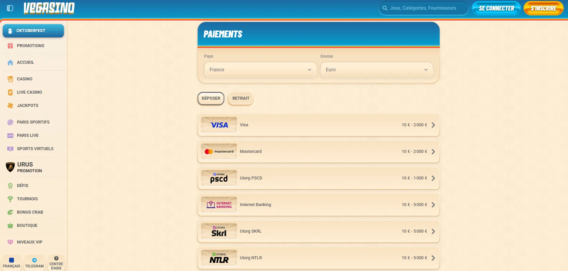 Les options de paiement Vegasino.