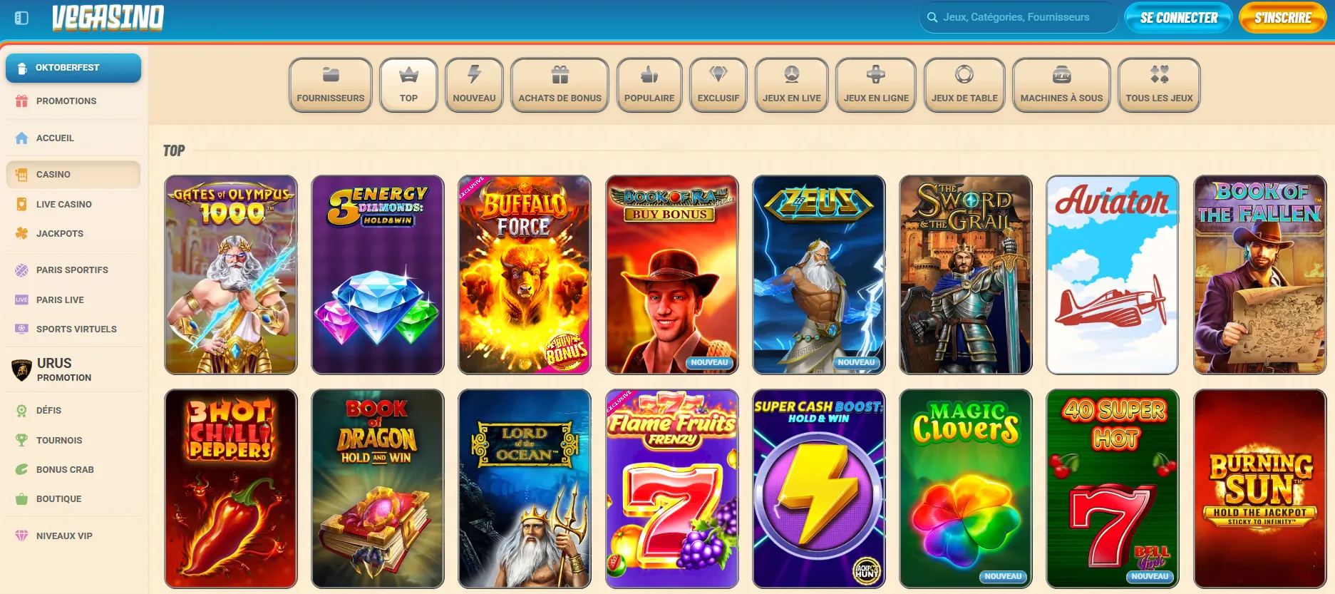 Les jeux populaires sur Vegasino Casino.